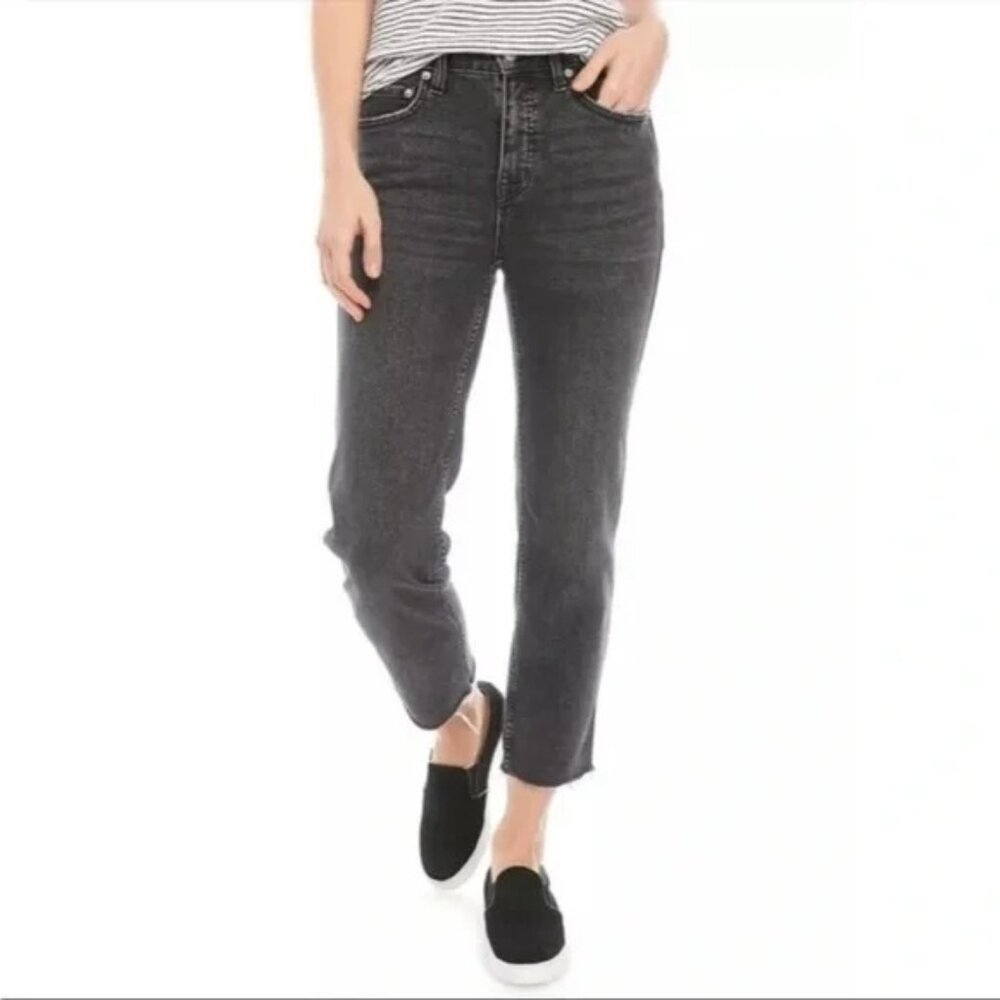 We The Free People Straight‎ Leg Jeans 27 High Rise Waist Raw Hem Faded Black